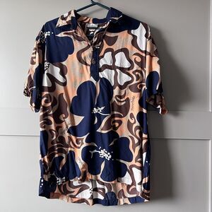Manuheali'i Shirt Mens‎ Medium Blue Brown Rayon Hawaiian Aloha Hibiscus Floral